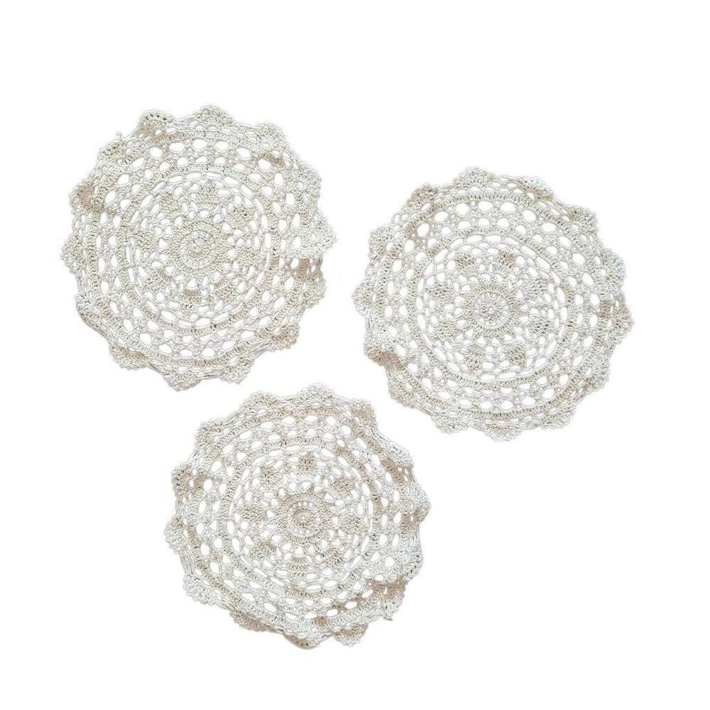 Doilys (3), Vintage Ecru Cotton Crocheted 9.25"